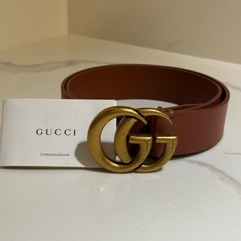 Authentic Brown Leather Gucci Belt 1.5" Width Gold GG 85/34 Mr